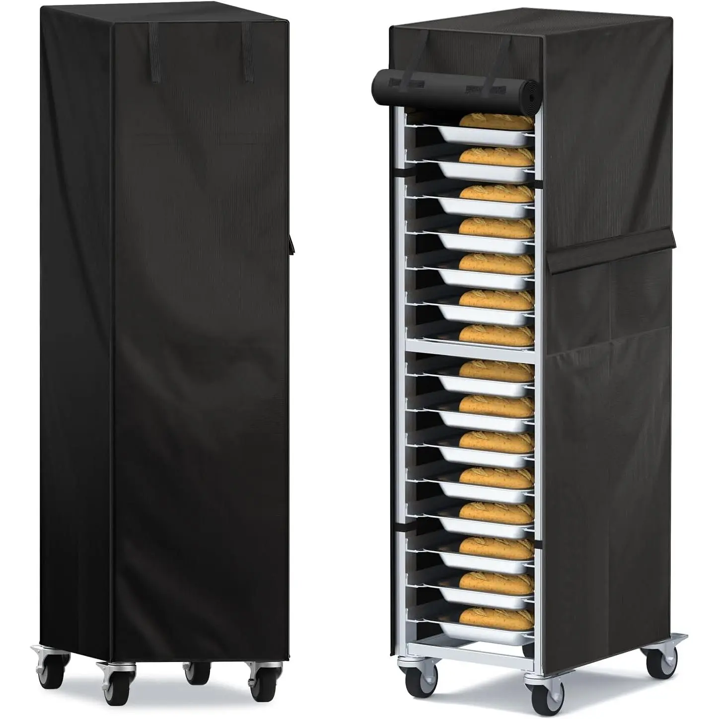 20-Tier 23"×28"×64" Bread Rack Cover 420D Oxford Waterproof Dustproof Speed Rack Cover with Side Pocket Roll-Up Door Zipper Commercial Bakery Bun/Sheet Pan Rack Protector Black