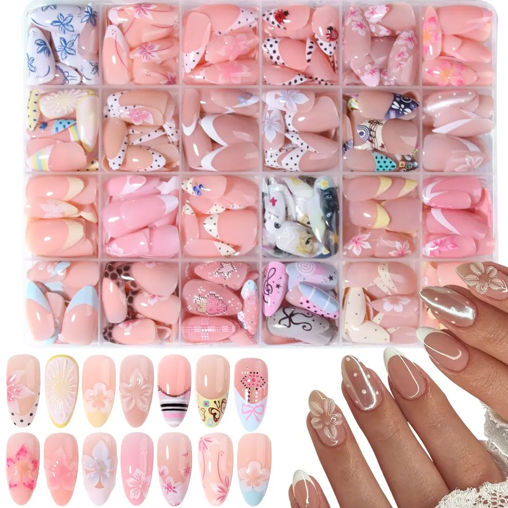 720pcs Almond Press-On Nails Set, 24 Designs, Acrylic Material, Includes Gel Pads & Nail Files, Perfect for Women & Girls, Nail Art Products