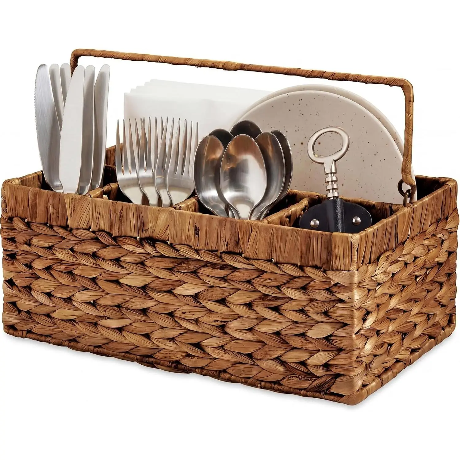 Handwoven Silverware Organizer w/Handle, 5 Compartment Flatware Organizer, Shelf Storage Basket, Wicker Utensil Caddy, Cutlery Basket Holder for Party, Picnic, BBQ - Chestnut