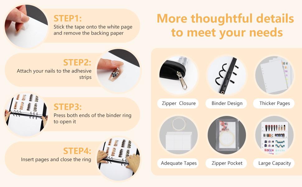 Press On Nail Storage Organizer Binder with 8 Insert Pages - A5 Size Reusable Fake Nail Swatch Collecting Book Polish Color Display Holder Container with Tape and Zipper Pocket (PINK)