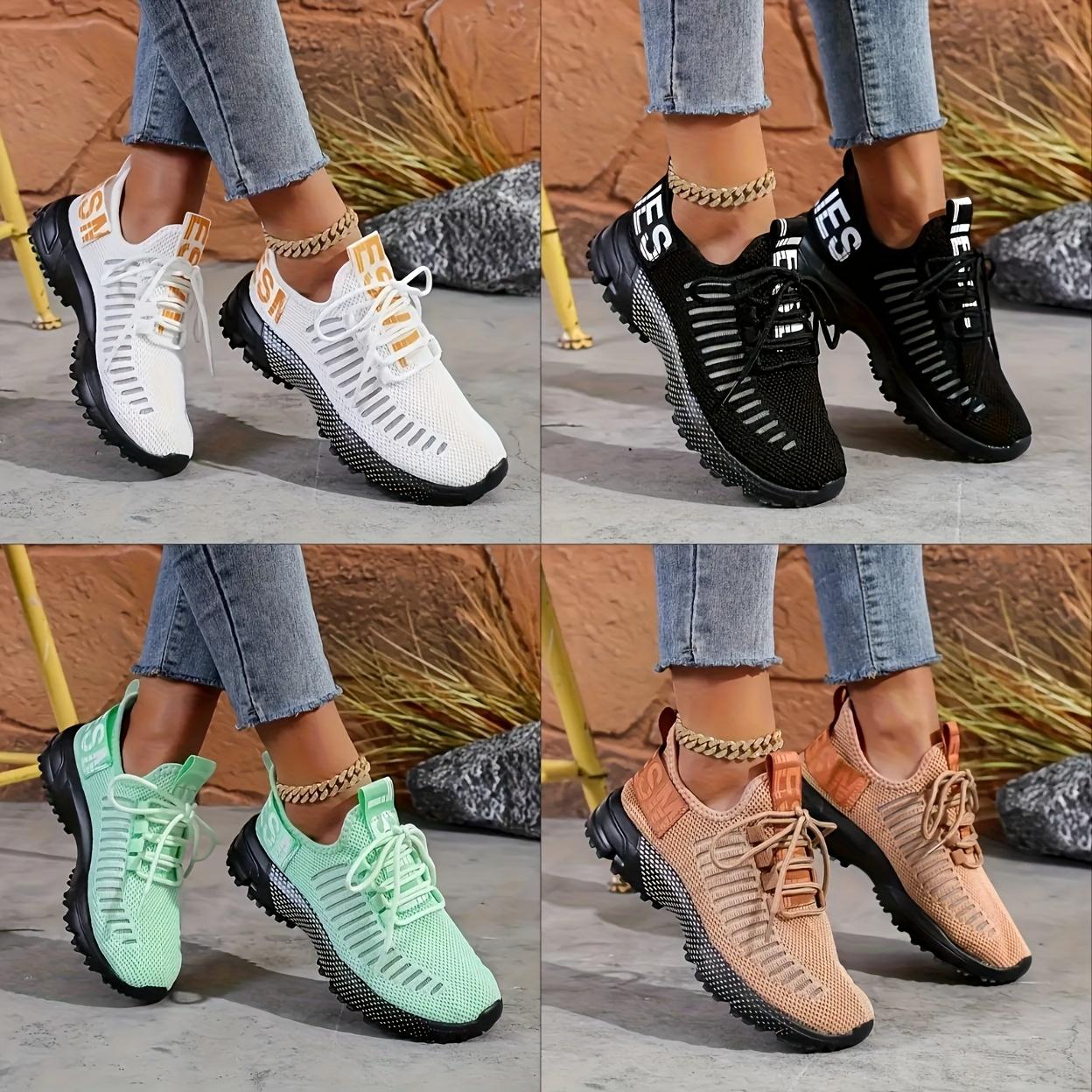 Women's Breathable Lightweight Knit Sneakers - Slip-Resistant PU Sole, Geometric Pattern & Orange Accents, All-Season Comfort for Running, Basketball, Tennis, Walking - Fashionable Casual Sneakers