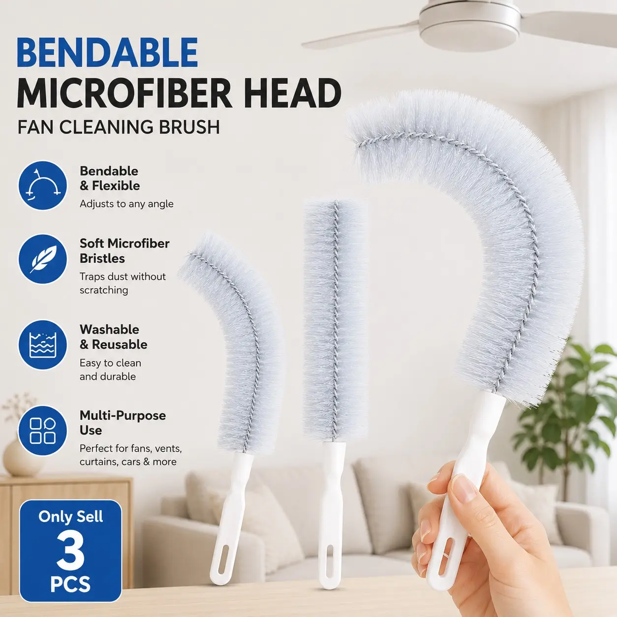 3 Counts Bendable Microfiber Head Reusable Dust Remover Fan Cleaning Brush, Washable Duster Brush for Ceiling Fan Blades, Air Vents, Curtains, Car Vents and Home Cleaning