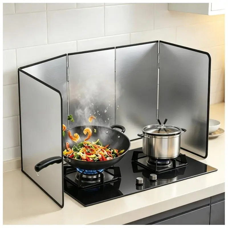 4 Fold Foldable Stainless Steel Splatter Guard, Heat Resistant Non Stick Oil Splash Screen, Heavy Duty Grease Insulation Shield for Gas Stove Frying Pan Home Kitchen Cooking