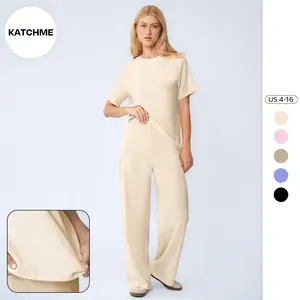 KatchMe Women's Leisure Solid Color Round Neck Short Sleeve Top & Wide Leg Trousers Co-ord, Minimalist Loose Two Piece Outfits, Basic Womenswear