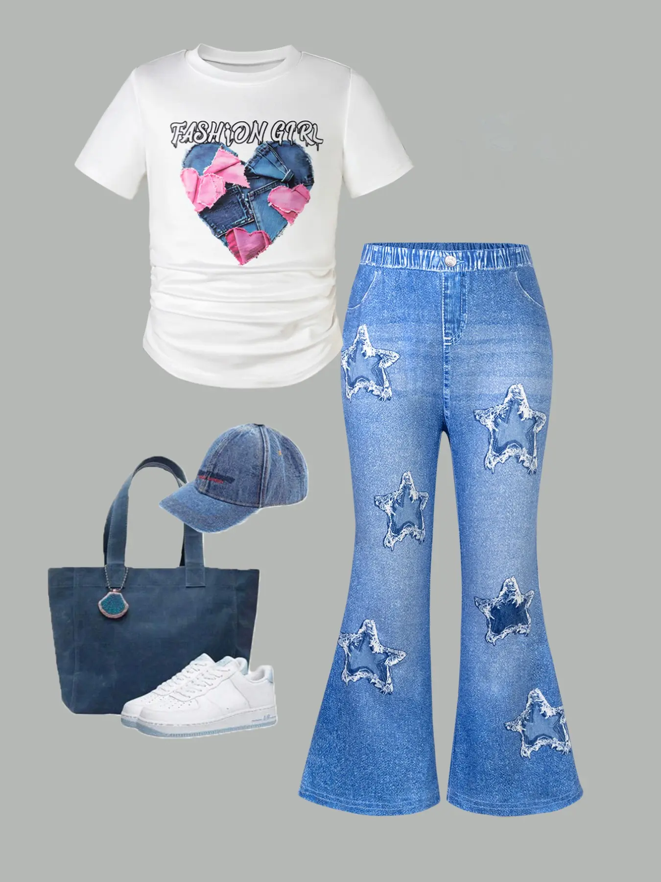 Girls' 2-Piece Outfits Set, Fashion Elastic Waist Ruched Round Neck T-Shirt + Star Print Imitation Denim Bell Pants, Party, Holiday Costume