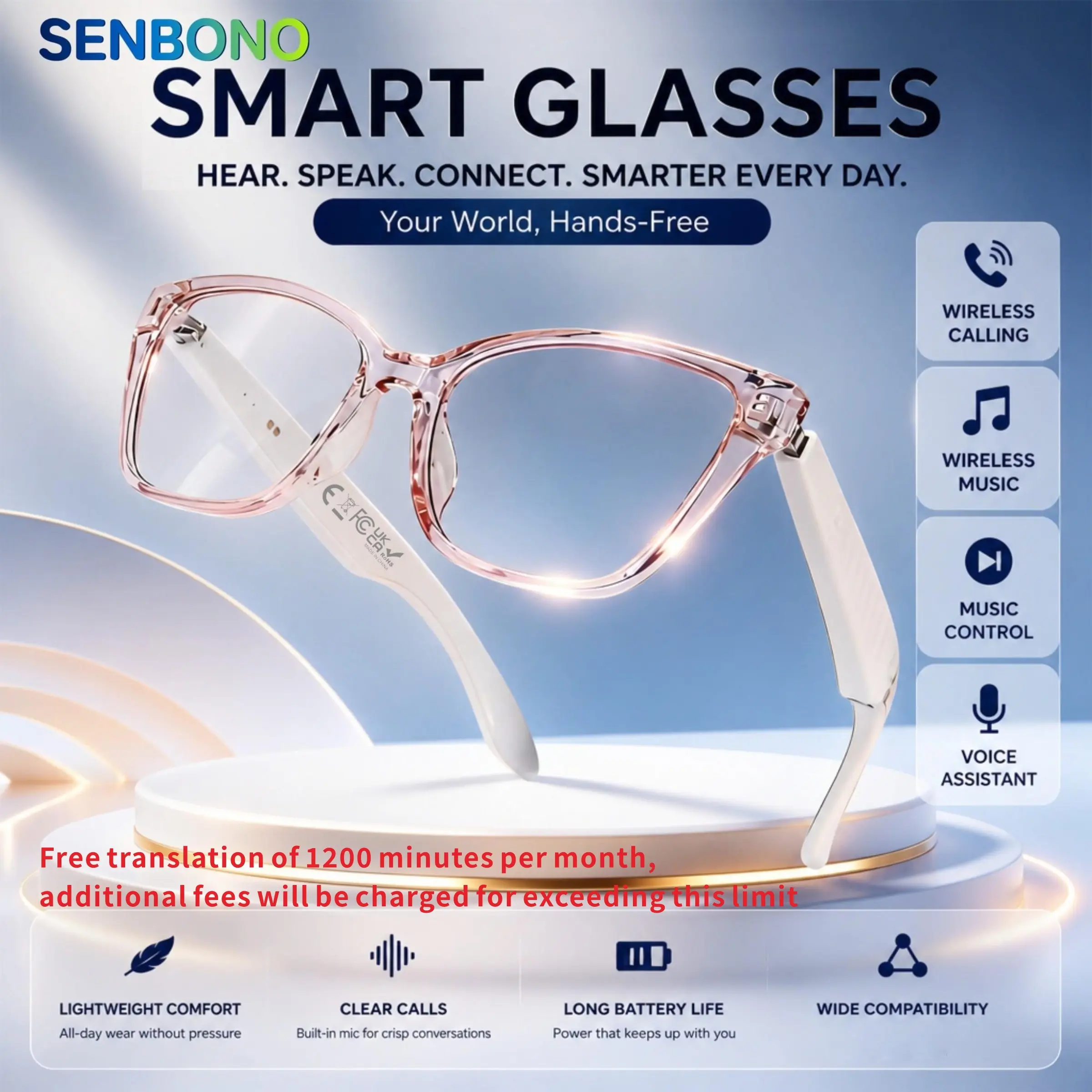 Unisex 2026 AI Audio Smart Wearable Glasses, Real-Time Multi-Language Translation, AI Assistant, Pink Frame, HD Wireless Calling, High-Fidelity Music for Work, Dating, Travel & Outdoor Activities, Ideal Gifts