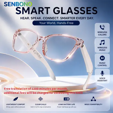 Unisex 2026 AI Audio Smart Wearable Glasses, Real-Time Multi-Language Translation, AI Assistant, Pink Frame, HD Wireless Calling, High-Fidelity Music for Work, Dating, Travel & Outdoor Activities, Ideal Gifts
