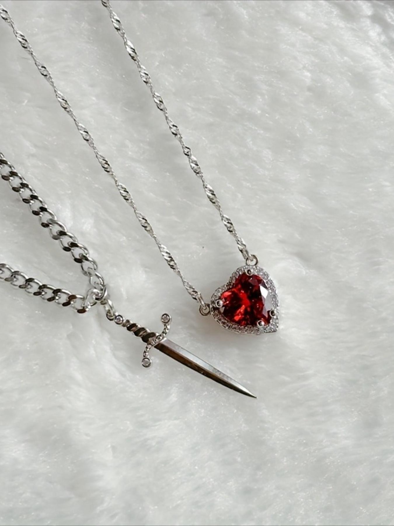 2pcs Heart and Sword Necklace Set, Love Heart Necklace, Unique Couple's Jewelry, Silver Color &, Perfect for Weddings & Parties, Includes Rose Box