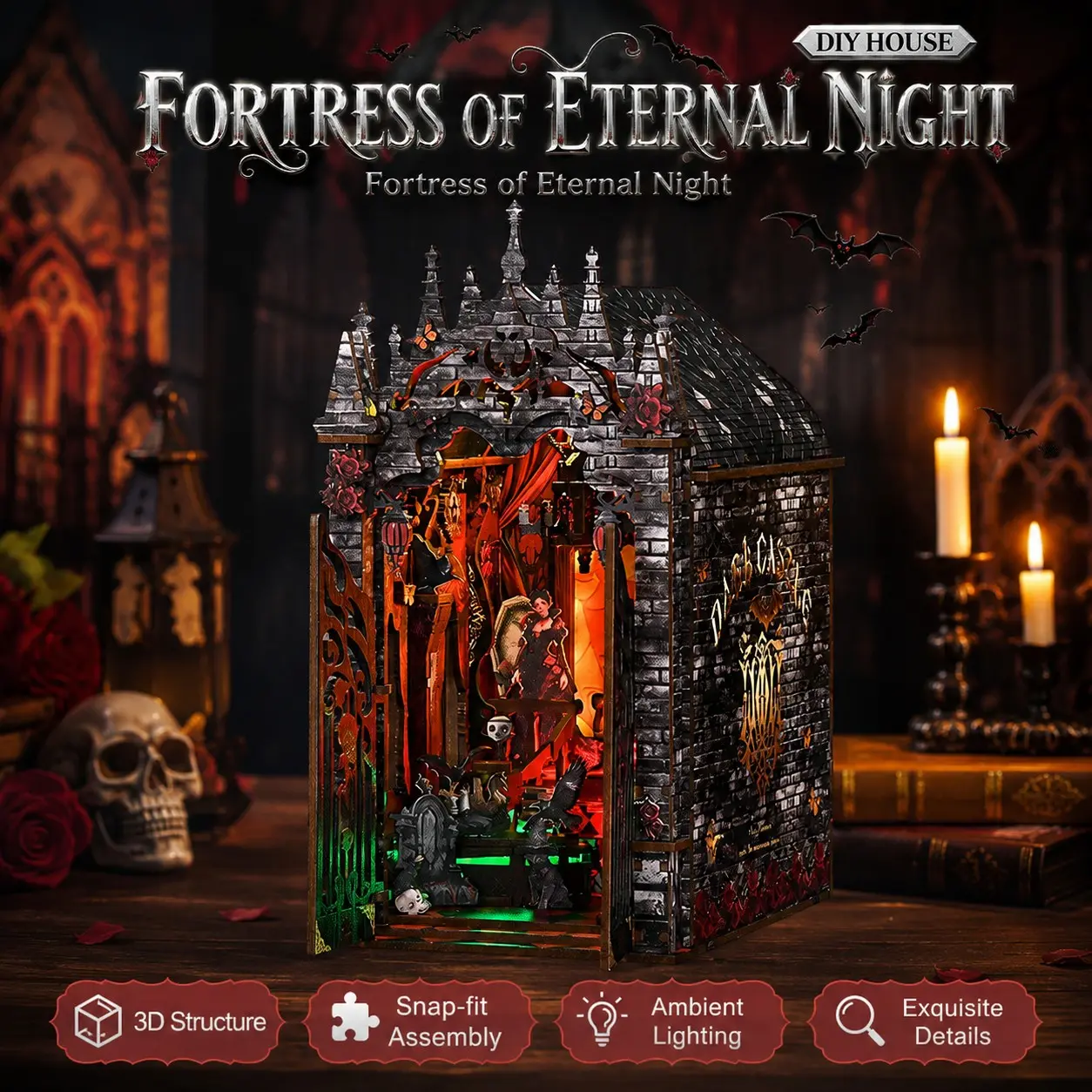 DIY Gothic Book Nook Kit, Dark Castle 3D Wooden Puzzle with LED Light, Halloween Bookshelf Insert Miniature House Decor