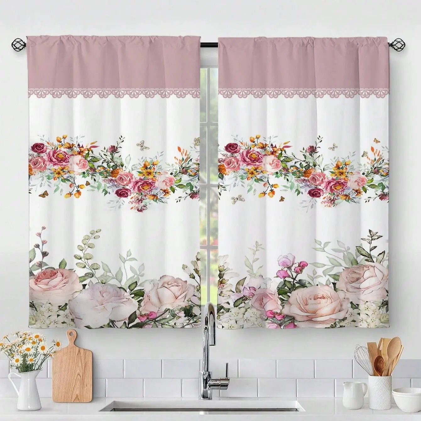 2 Piece Plant 2D Print Curtain Set, Curtain Panels, Floral Pattern Design, Elegant Room Window Curtains for Living Room and Bedroom Decor