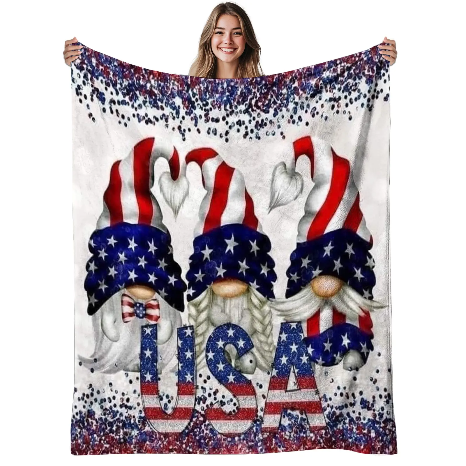 1pc USA Gnomes Flannel Blanket - 280gsm Soft Warm All-Season, Patriotic Gnome & American Flag Red White Blue Stars & Stripes Design, Contemporary Bedding for Sofa, Bed