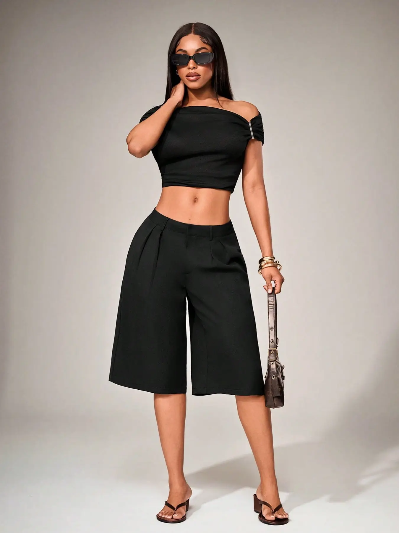Summer Women's Casual Bermuda Shorts, Fashion Chic Mid-Low Waist Loose Wide Leg Pants, Vacation Simple Versatile Formal Shorts