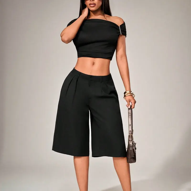 Summer Women's Casual Bermuda Shorts, Fashion Mid-Low Waist Loose Wide Leg Pants, Vacation Simple Versatile Formal Shorts, Casual Trouser Shorts