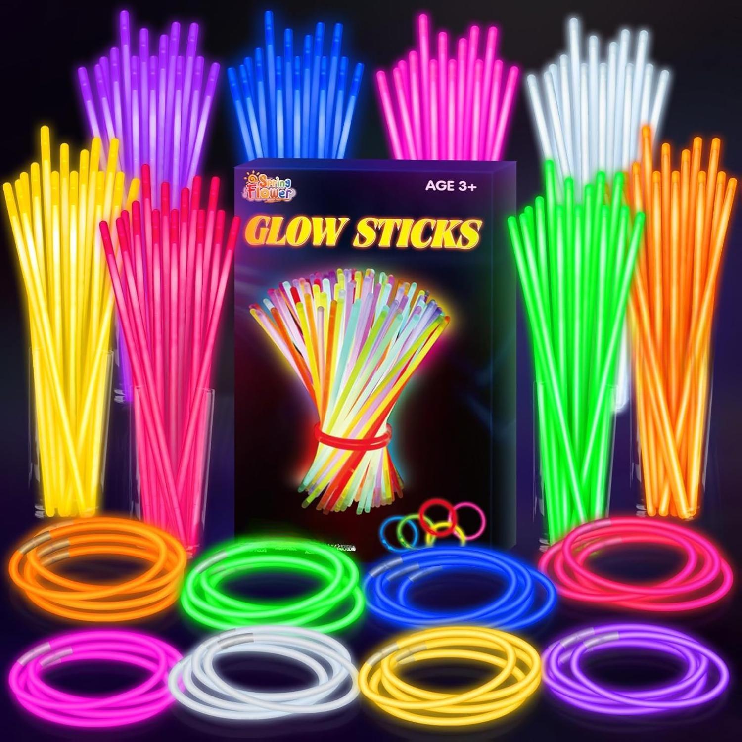 SpringFlower 100 PCS Ultra-Bright Glow Sticks Bulk Party Favors 8" in the Dark Party Supplies Light Sticks for Glow Necklaces Bracelets Kids Adults Birthday Events