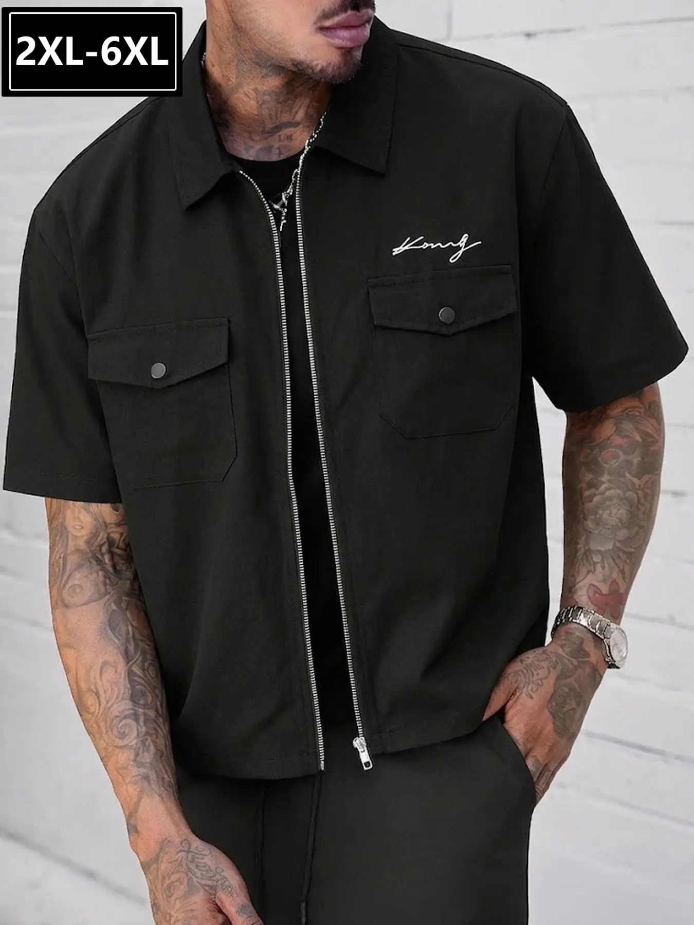 Men's Minimalist Zipper Workwear Short Sleeve Jacket, Loose Fit Wrinkle-Resistant Quick-Dry Fabric, Casual Street Style Blouse