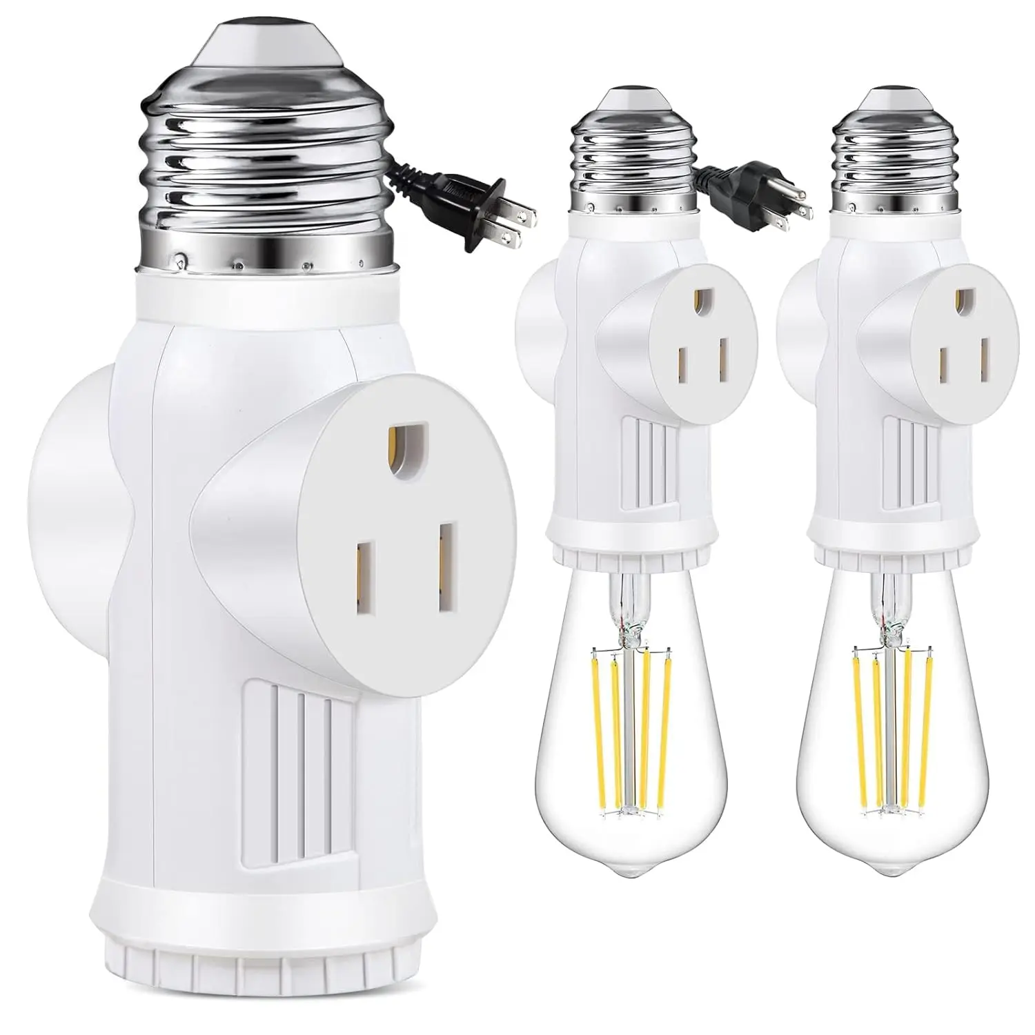 Light Socket to Plug Adapter, Convert E26 to 3 Prong Outlet and Light Bulb Socket, Polarized, for Garage Porch(White, 2)