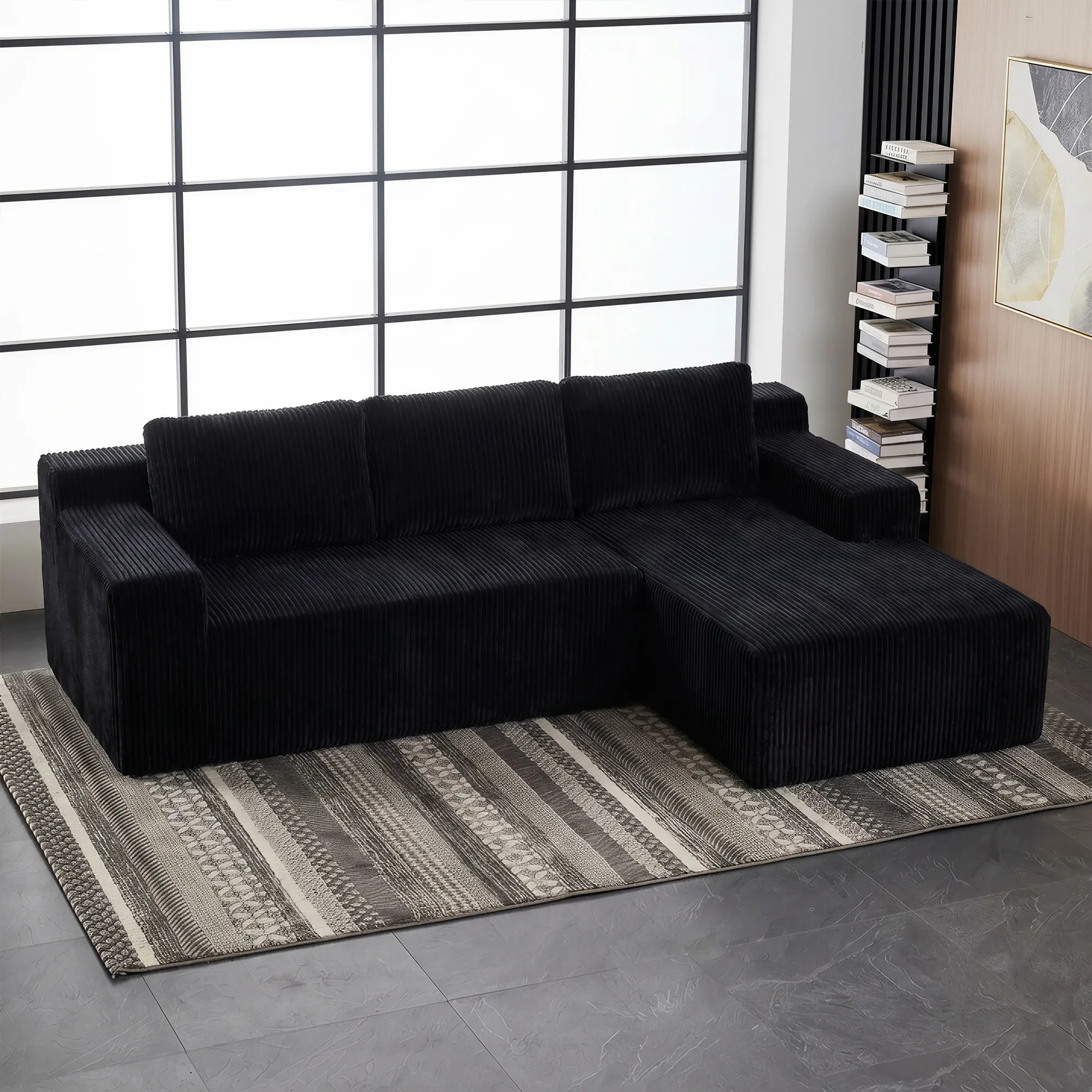 ARCH Corduroy Modular L-Shaped Sectional Sofa 3-Seat Set, Luxury Upholstered Indoor Furniture Floor Couch, Foam Filling & Soft Fabric, No Assembly Needed, for Living Room & Bedroom, Black