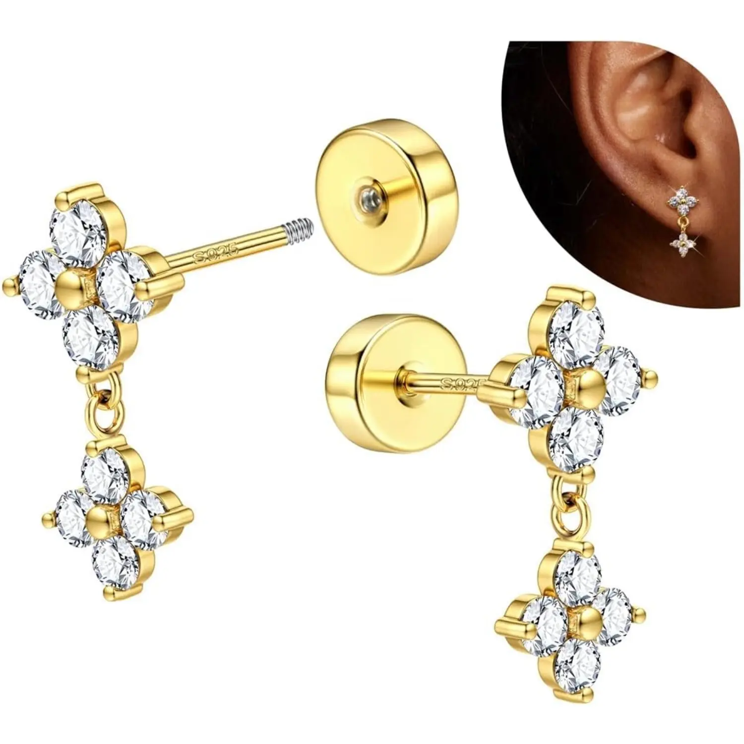 1 Pair Flat Back Earrings for Women, 925 Sterling Silver Studs, Multi-Piercing Tiny Earrings, Stylish Tragus & Cartilage Piercing Jewelry