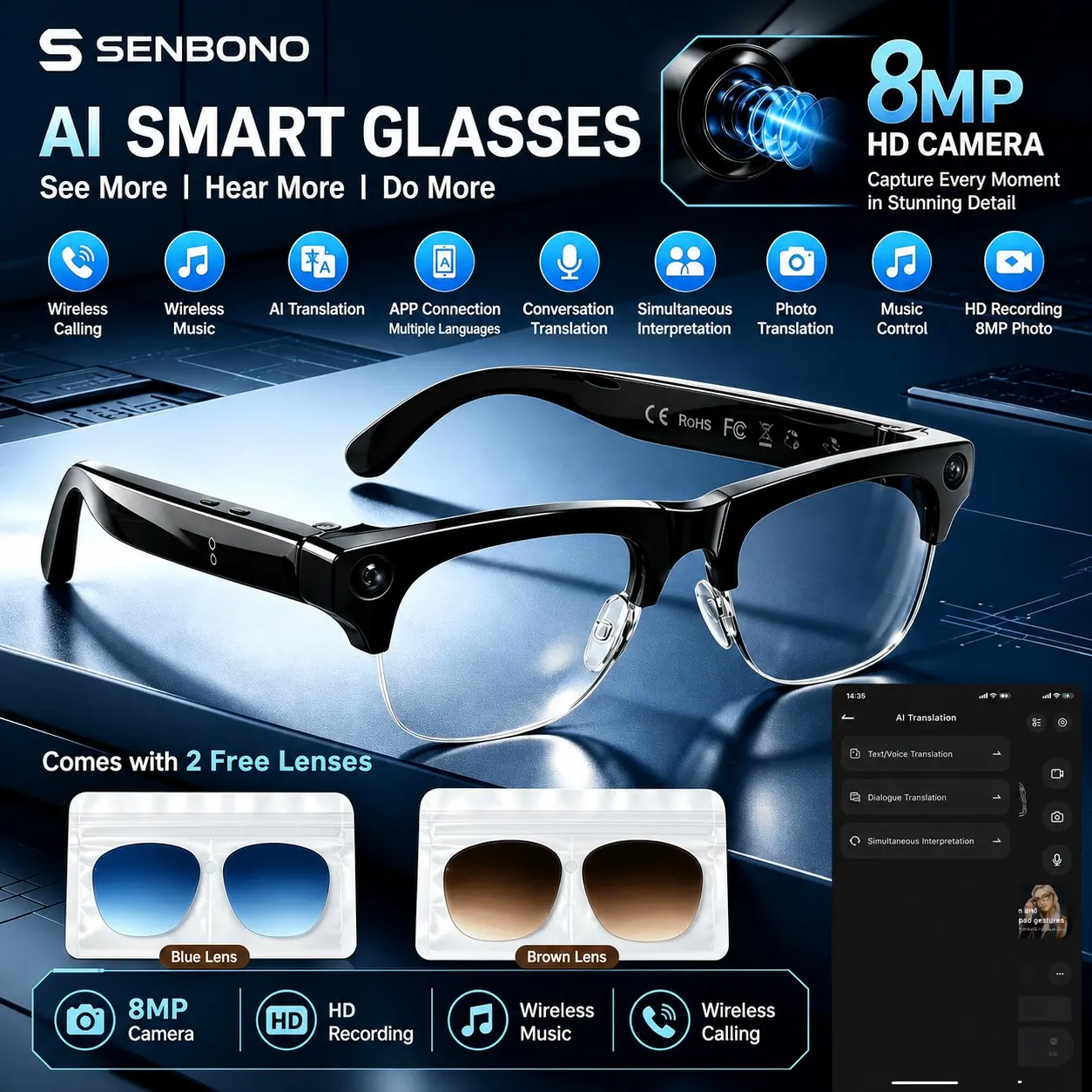AI camera glasses, Translation Smart Glasses, equipped with 8 million high-definition cameras, assistants, real-time translation in multiple languages, wireless calling and music, EIS video stability, open headphones, driving, traveling, daily use