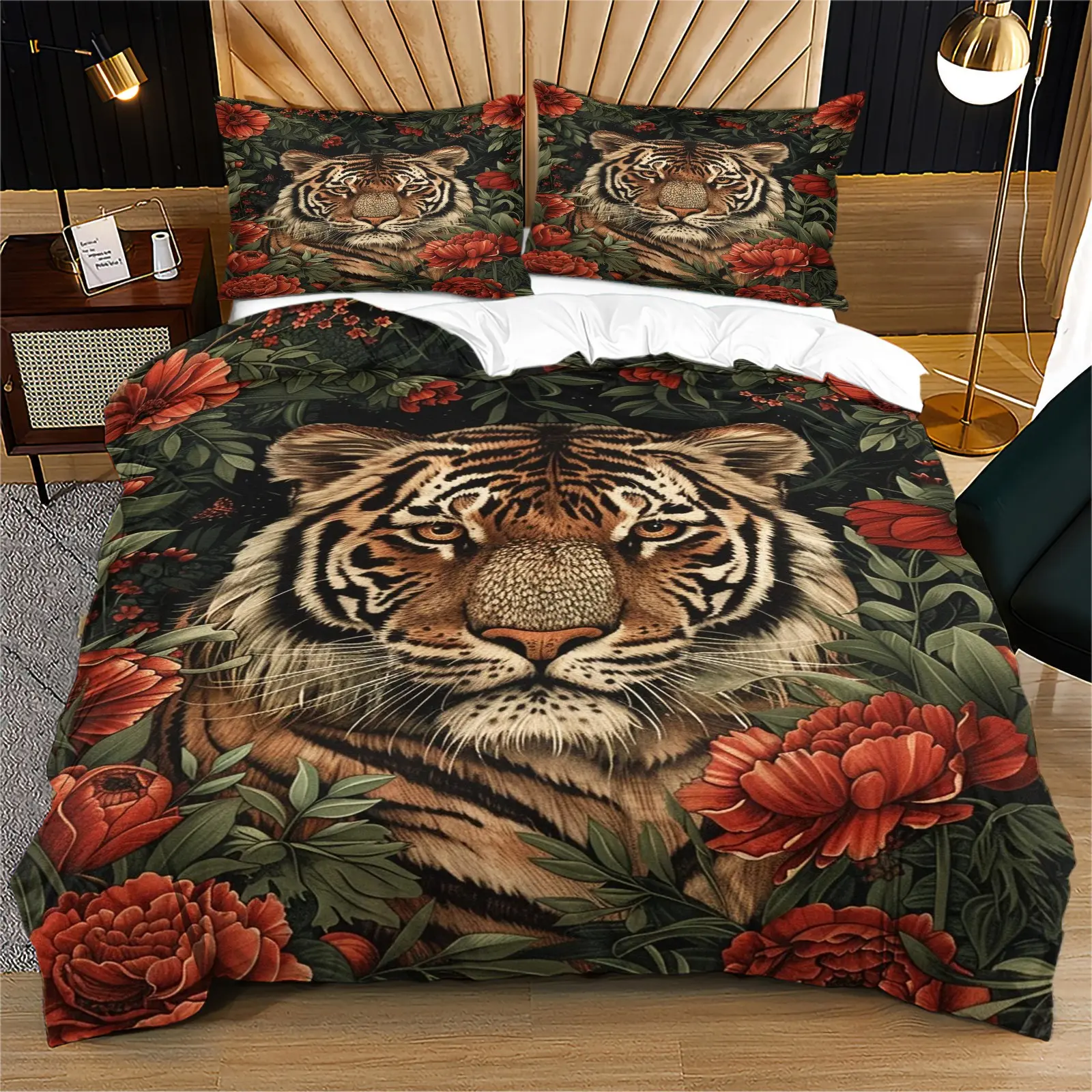 Tiger print pattern duvet cover, including 1 duvet cover and 1 or 2 pillowcases, without core or pillow, suitable for bedroom or dormitory bedding set, suitable for gift giving or personal use