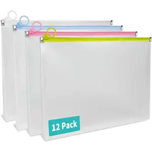 12 Pack Clear Plastic Zip Envelopes, Heavy Duty, 9 x 12 Inch Expanding File Pouches, Multicolor Document Holders for Office and School Use(Gift)