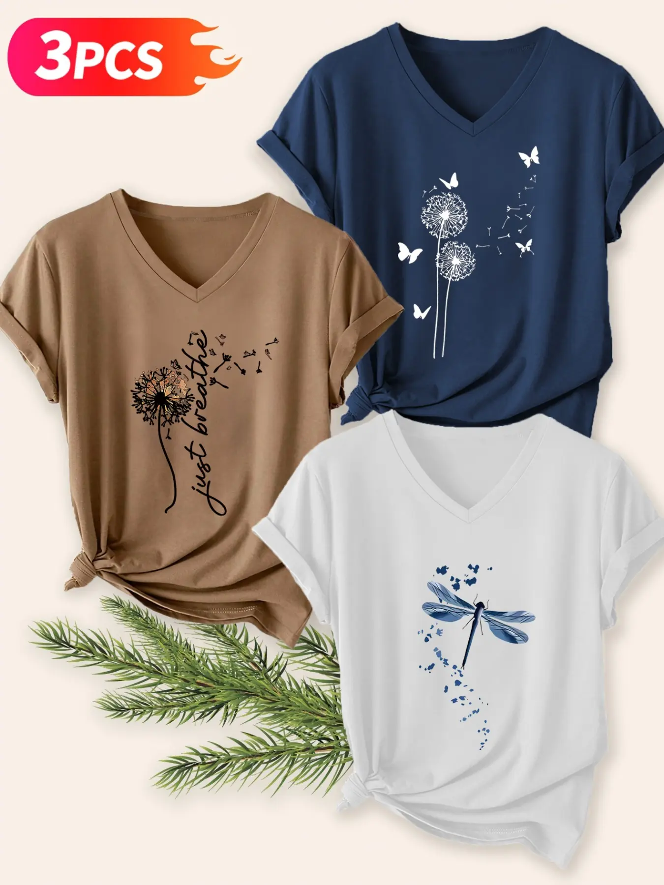 Women's V-Neck Three-Piece Set, Dragonfly Daisy Butterfly Letter Print Short Sleeve T-Shirt, Casual Slim-Fit, Breathable Fabric