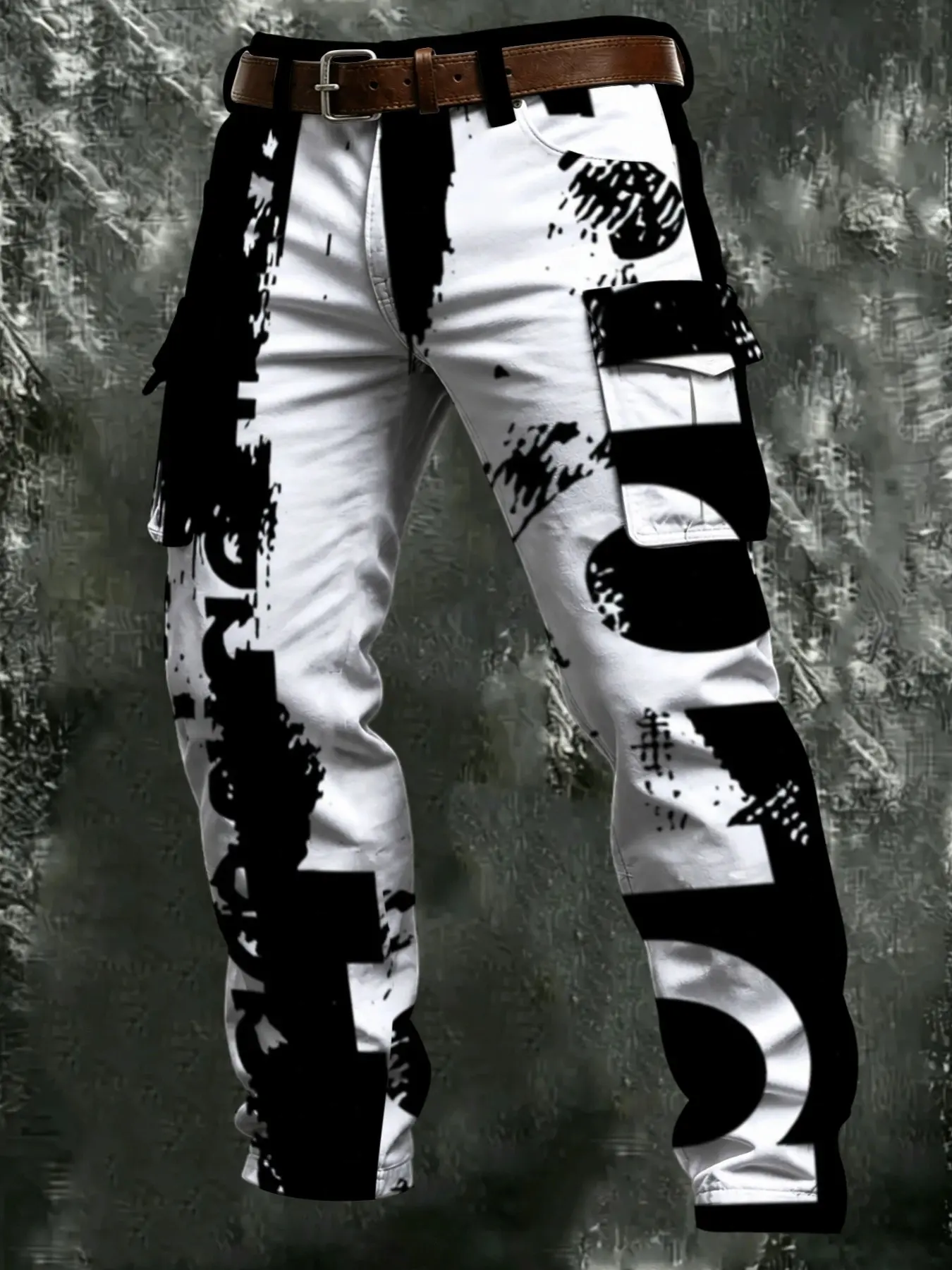 Base Graffiti Print Work Pants, Distressed Tear Letter Pattern, Side Pocket, American High Street Trendy Men's Casual Trousers