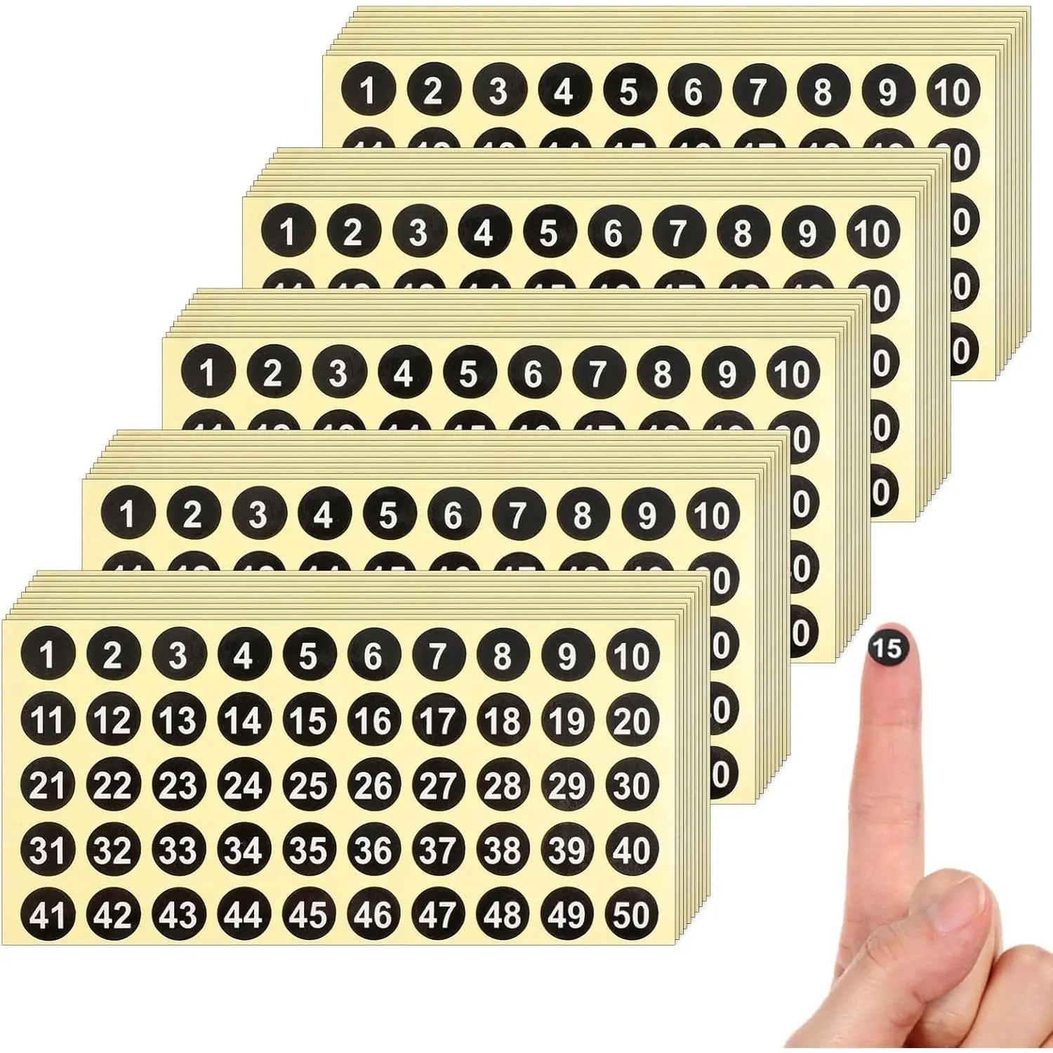 Self-Adhesive Number Stickers, 2500-Count 1-50 Consecutive Round Labels (0.4in), 50 Black Sheets for Organizer, Numbering, Inventory Use (Indoor/Outdoor Compatible)
