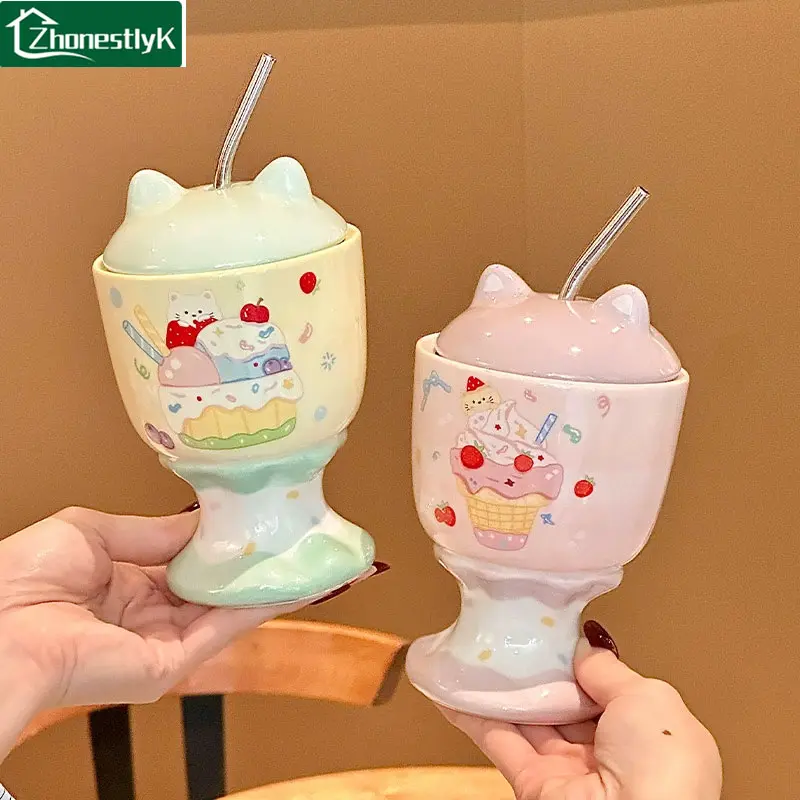 Cartoon ceramic goblet, summer dessert water cup, ice cream cup, children's milk mug with lid and straw, hand-held straw