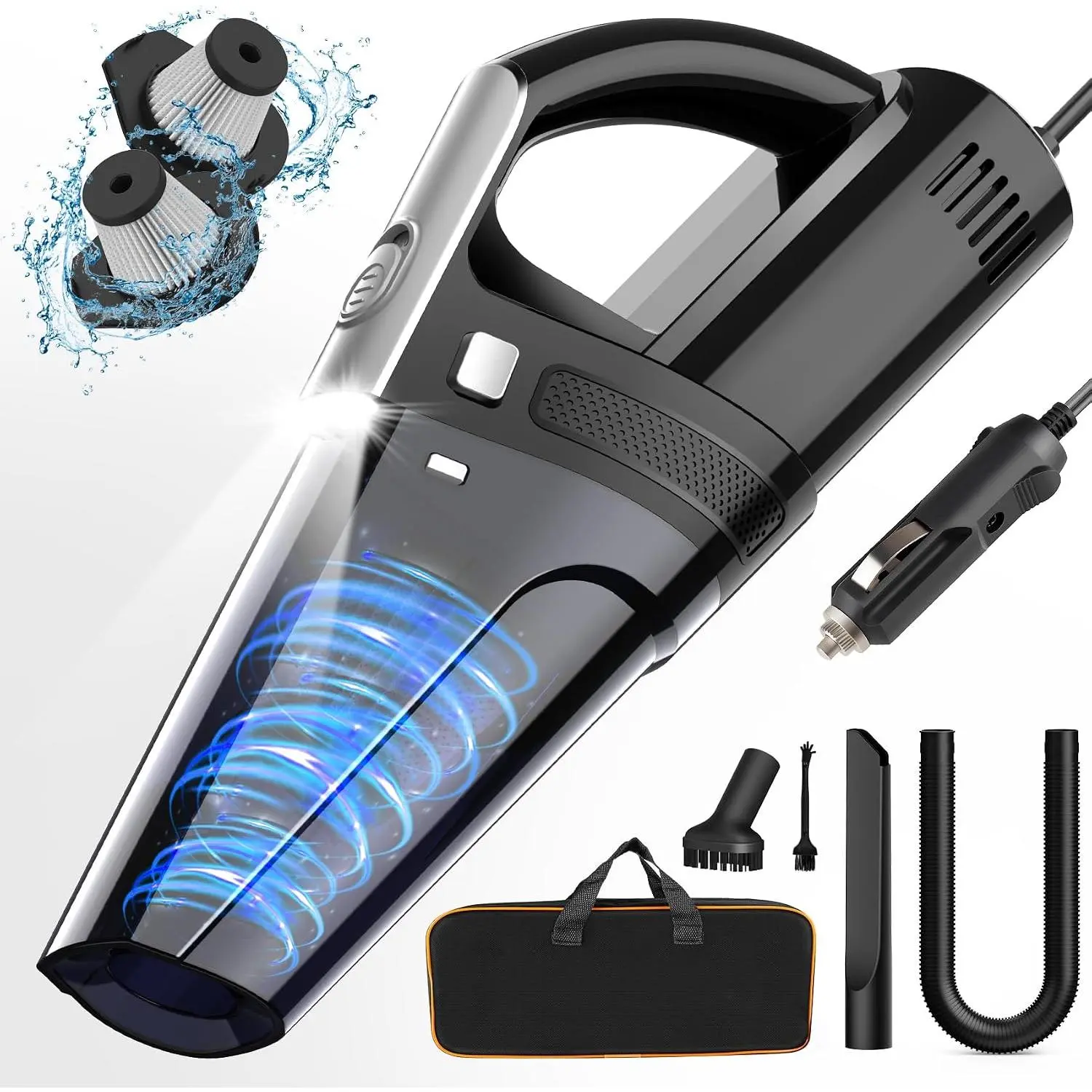 Vacuum, Portable  Vacuum Cleaner with 7000PA Suction, DC 12V High Power 16.4Ft Cord Wired Vacuum Cleaner for , LED Light, Lightweight, 0.33L Capacity, Storage Bag, Black, VC008C