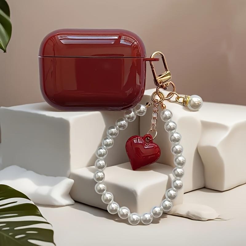 Wine Red Pearl Heart Pendant Case for AirPods Wireless Earbuds - Scratch-Resistant and Shockproof Protective Cover