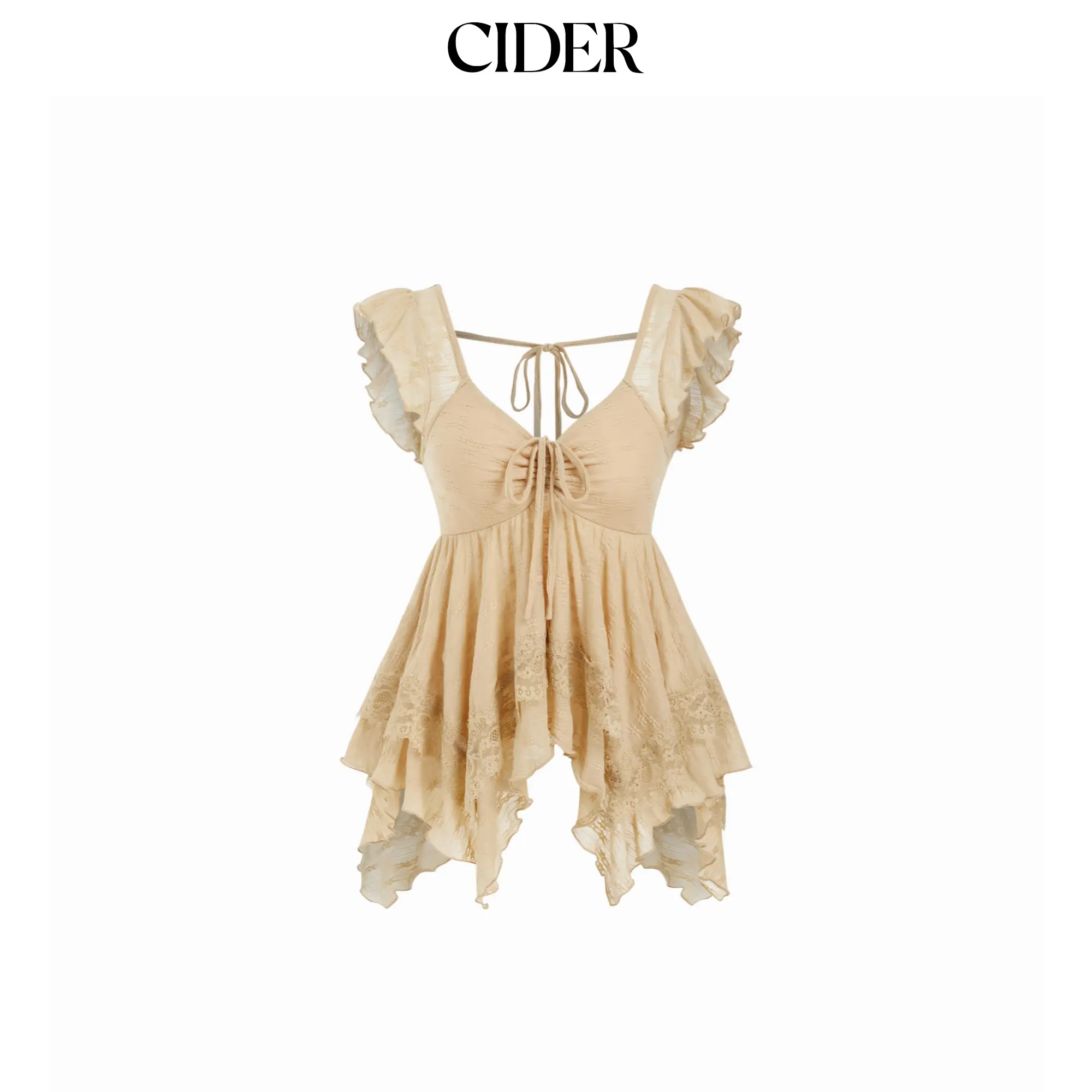 Cider Lace Sweetheart Ruffle Hem Knotted Short Sleeve Top SummerWins SummerFinds