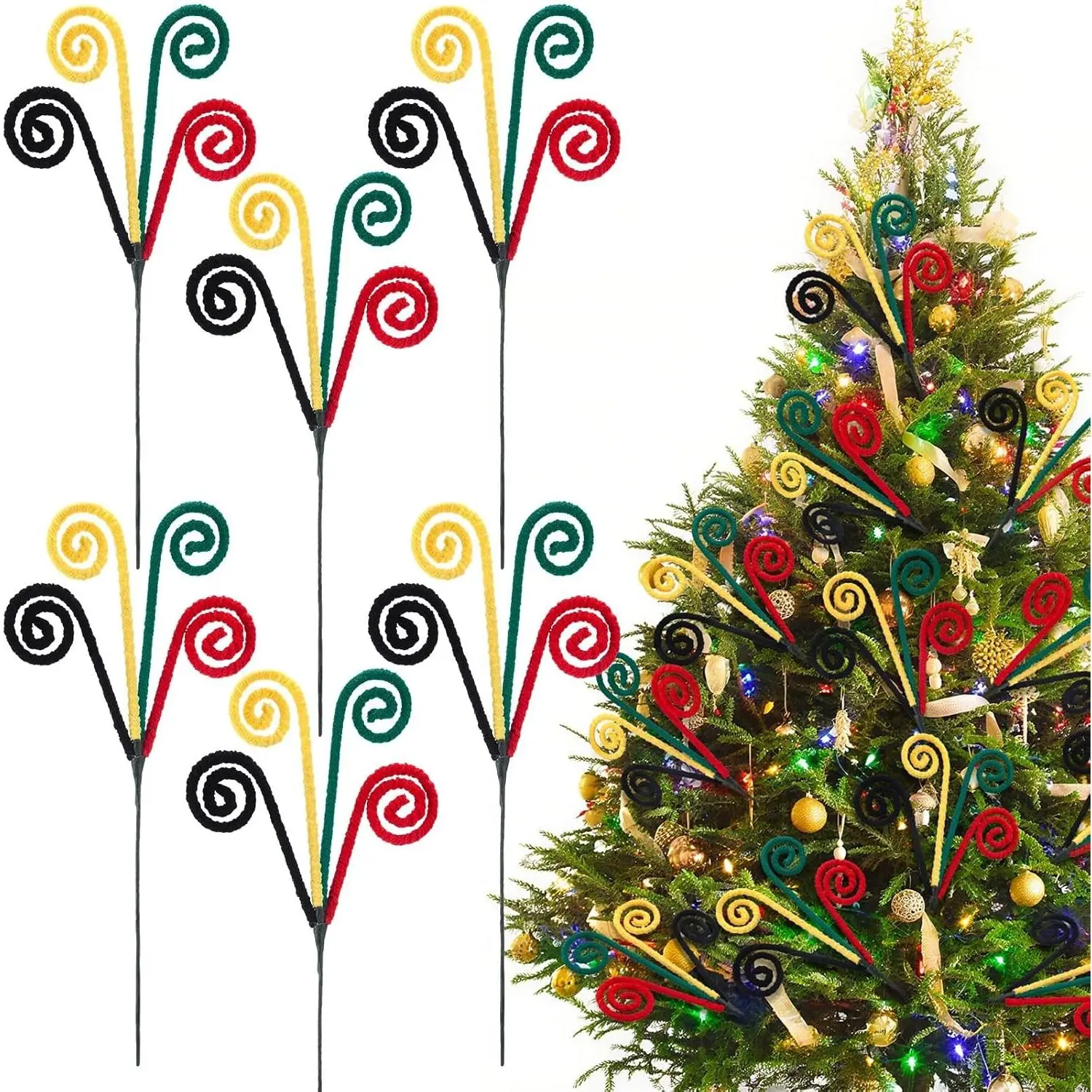 16" Juneteenth Tree Decorations African American Ornaments Rasta Reggae Kente Picks Green Yellow Black Tree Topper Curly Pick Spray for Home Wreath Vase Filler Craft Party