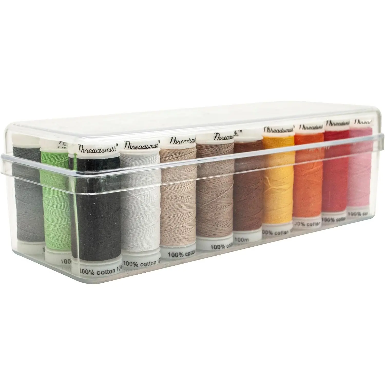 Threadsmith - 50 WT Cotton Set – 27 Spools, 100 Meters Each – 3-Ply Mercerized Cotton – Sewing in Reusable Box
