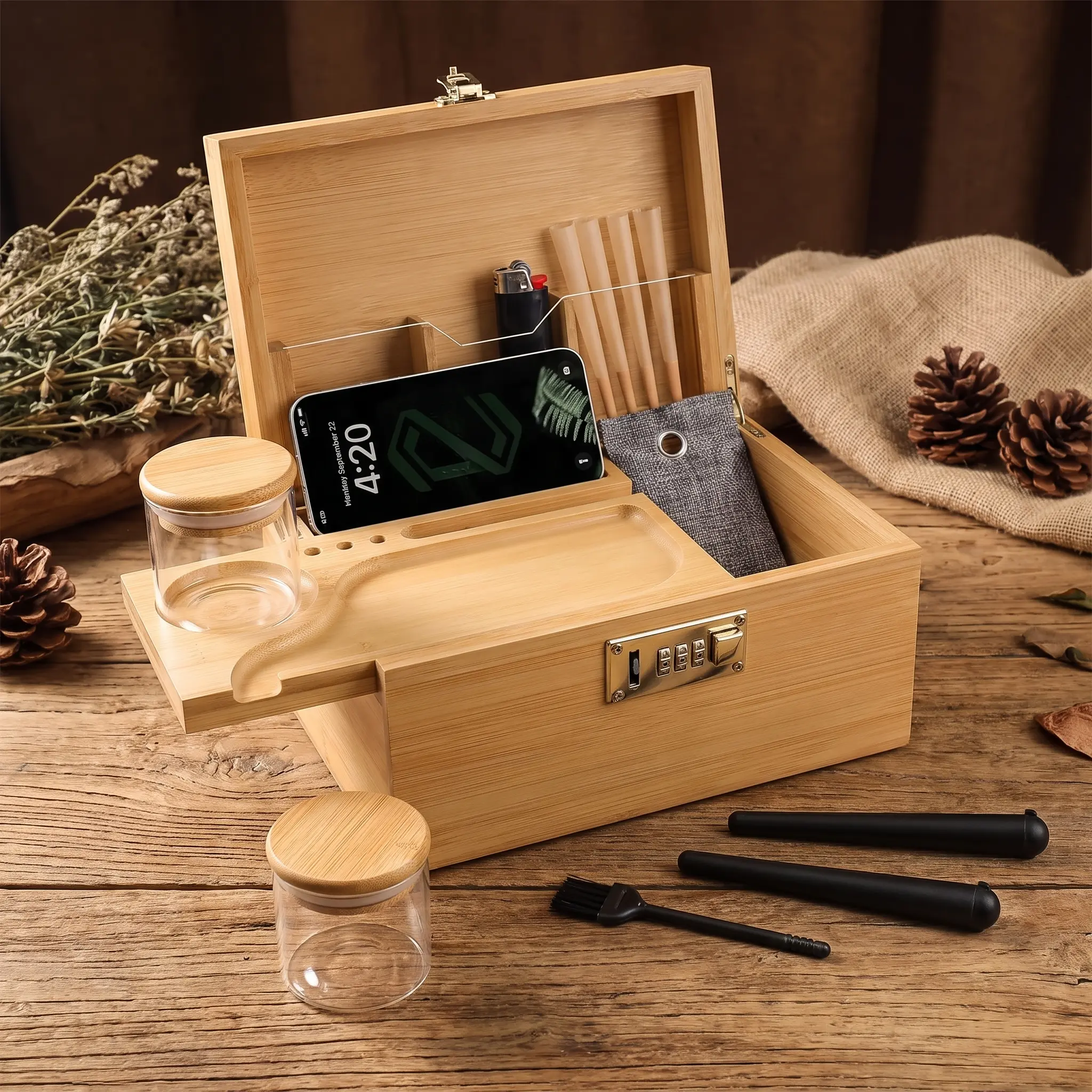 Bamboo Smell Proof Container Locking Box, Large Wooden Storage Box with Glass Jar, Christmas Gifts for Men Women, Home Decor & Smoking Accessories