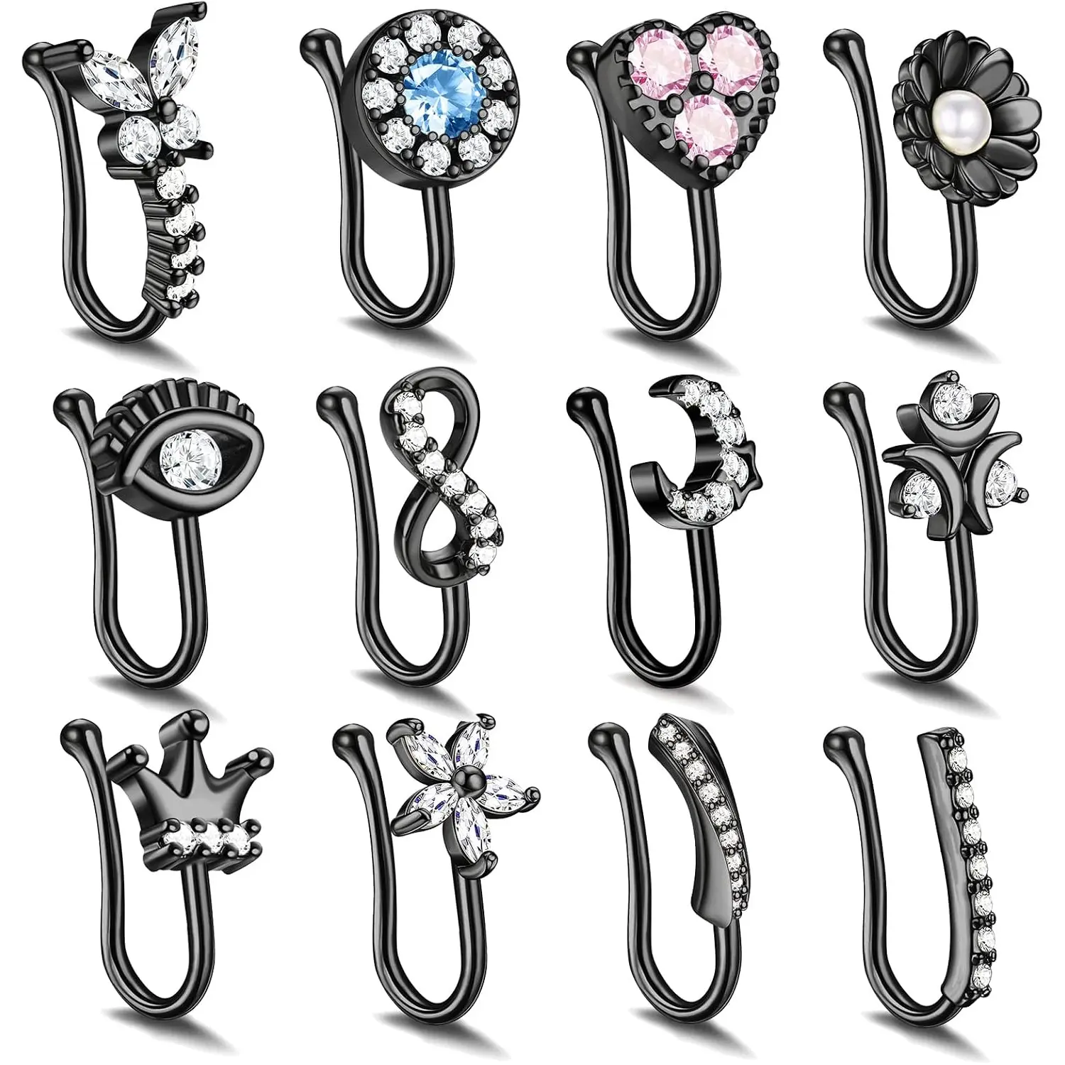 12Pcs Fake Nose Cuff Set for Women, Non Piercing Black Clip On Nose Rings, Adjustable CZ Butterfly Moon Heart Flower Fake Nose Cuffs Jewelry