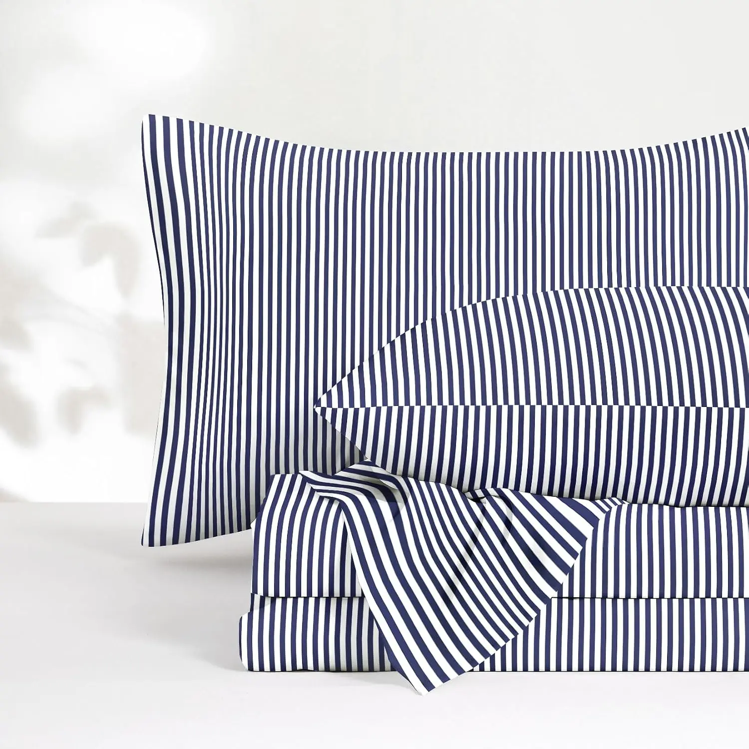 - Striped Bed Sheets, 4- Sheet Set, Tickg Vertical P Stripe Modern   Prted Beddg, Deep Pocket, Navy Blue White,  Size