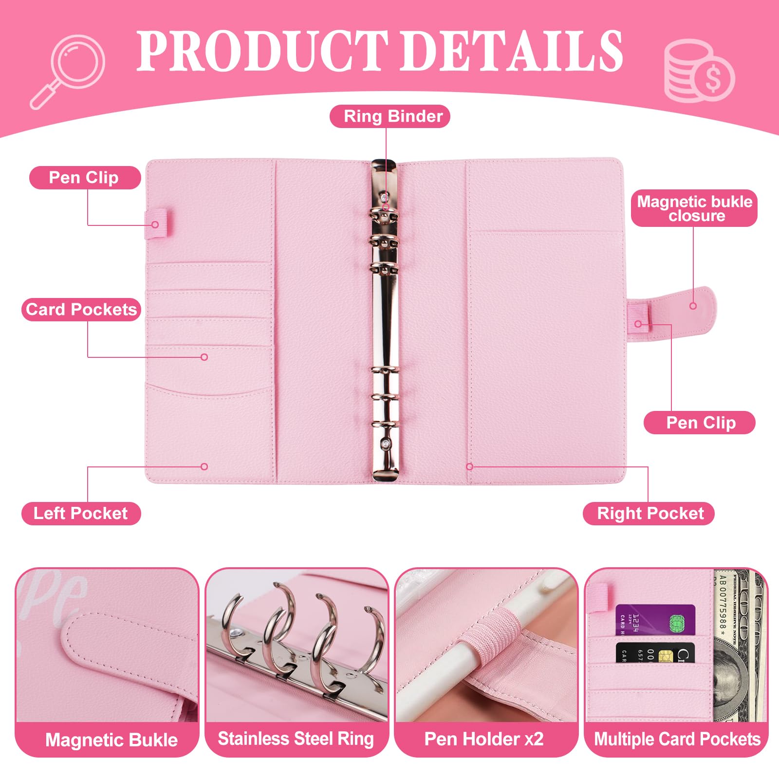 100 Envelopes Money Saving Challenge - A5 Money Saver Budget Binder Book with Cash Envelopes and Numbers, 100-Days of Easy and Funny Ways to Save $5,050 Cash Envelope Challenge Binder, Pink