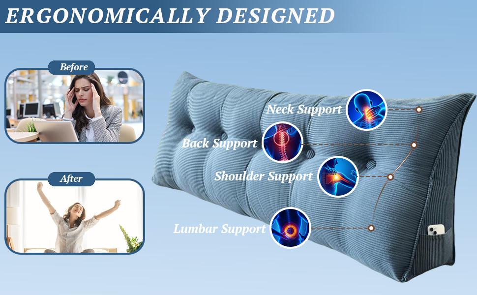 Djft Wedge Headboard Pillow for Bed Sitting & Reading, Bed Backrest Reading Cushion with Removable Cover, Large Sitting Pillow with Side Pockets for Dorm Room(Blue, Twin 39in)