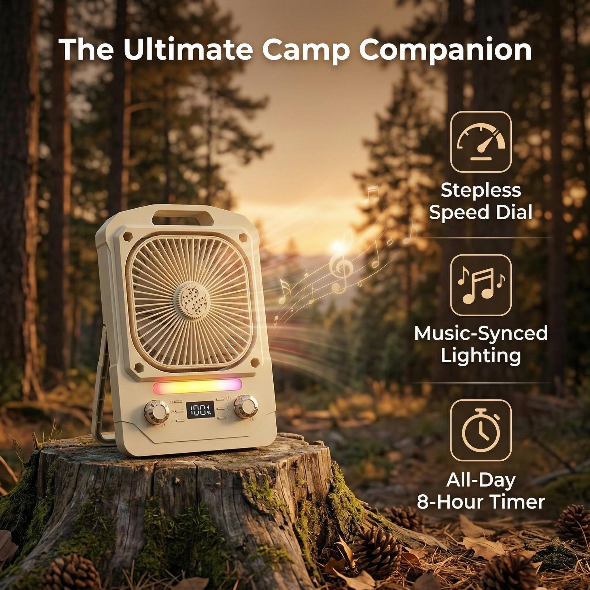 Fan + Speaker + Light in One Portable Camping Fan with 100 Speeds, Bluetooth Audio, SOS Light, Timer & Hanging Design