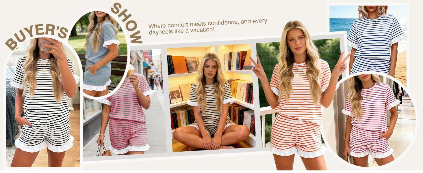 Womens 2 Piece Striped Shorts Set Ruffle Short Sleeve Tops Hight Waist Shorts Matching Sets Summer Vacation Outfits