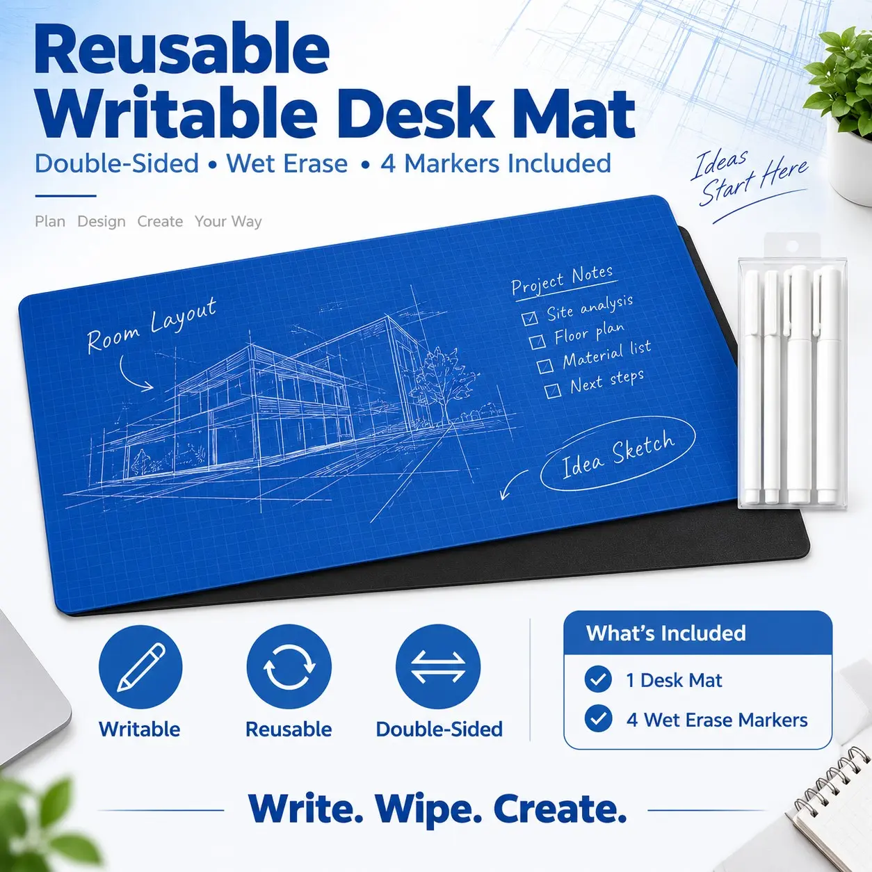 1 Pack Writable Blueprint Deskmat With 4 Markers, Practical Style, Double‑Sided Reusable Wet Erase Large Mouse Pad & Desk Mat, Computer Pad For Architects, Designers, Creators And Workstation Setup
