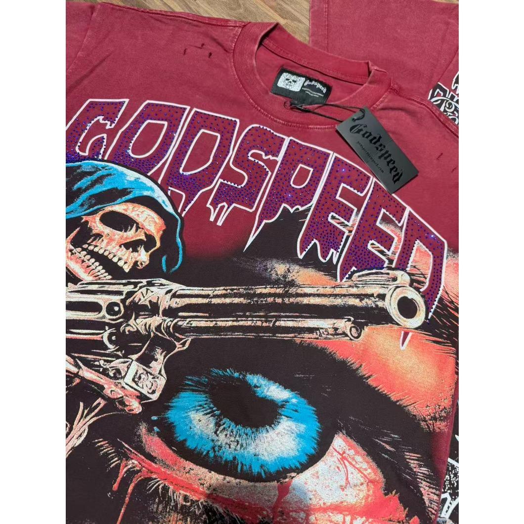 Real Photo Original Label Ripped Hot Drill Godspeed Short Sleeves T Shirt American Cotton Vintage Washed Rhinestone Bling Oversized Loose Unisex Round Neck Streetwear Hip Hop Y2K Casual Tops Tees With Tags For Men Women