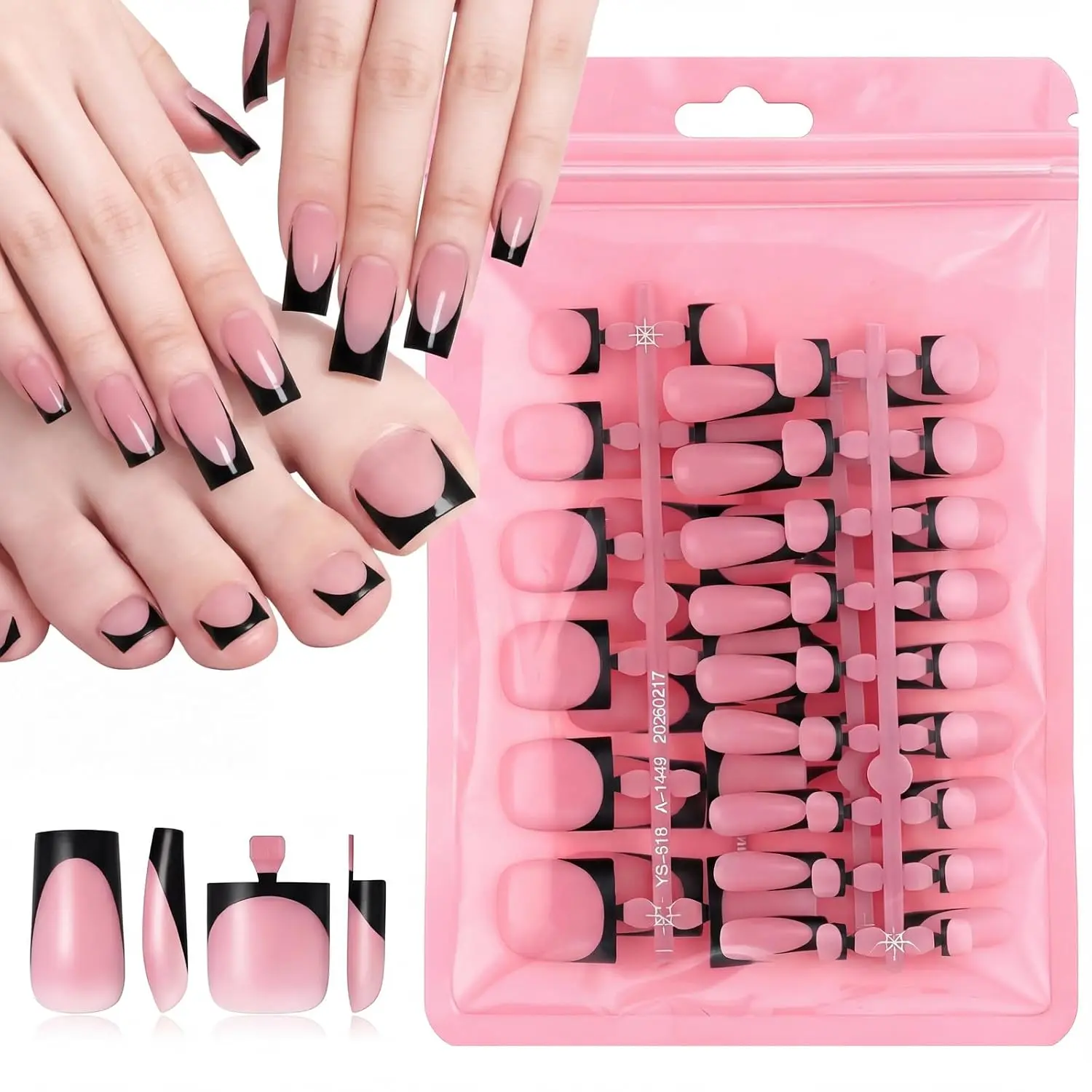 Women's Cute French Tips Reusable Press on Nails Multi-Pack - 60pcs Medium Size Square Full Cover ABS Acrylic Nails & Toenails, Glue & Accessories for DIY Manicure, Valentine's Gift