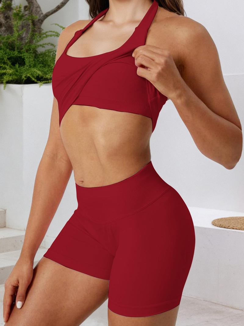 Women's Two-Piece Solid Color Halter Top & High Waist Shorts Sports Set, Sporty Breathable Quick Drying Outfits for Yoga, Gym Workouts and Running, Ladies Sportswear for Summer, Pilates Yoga Wear