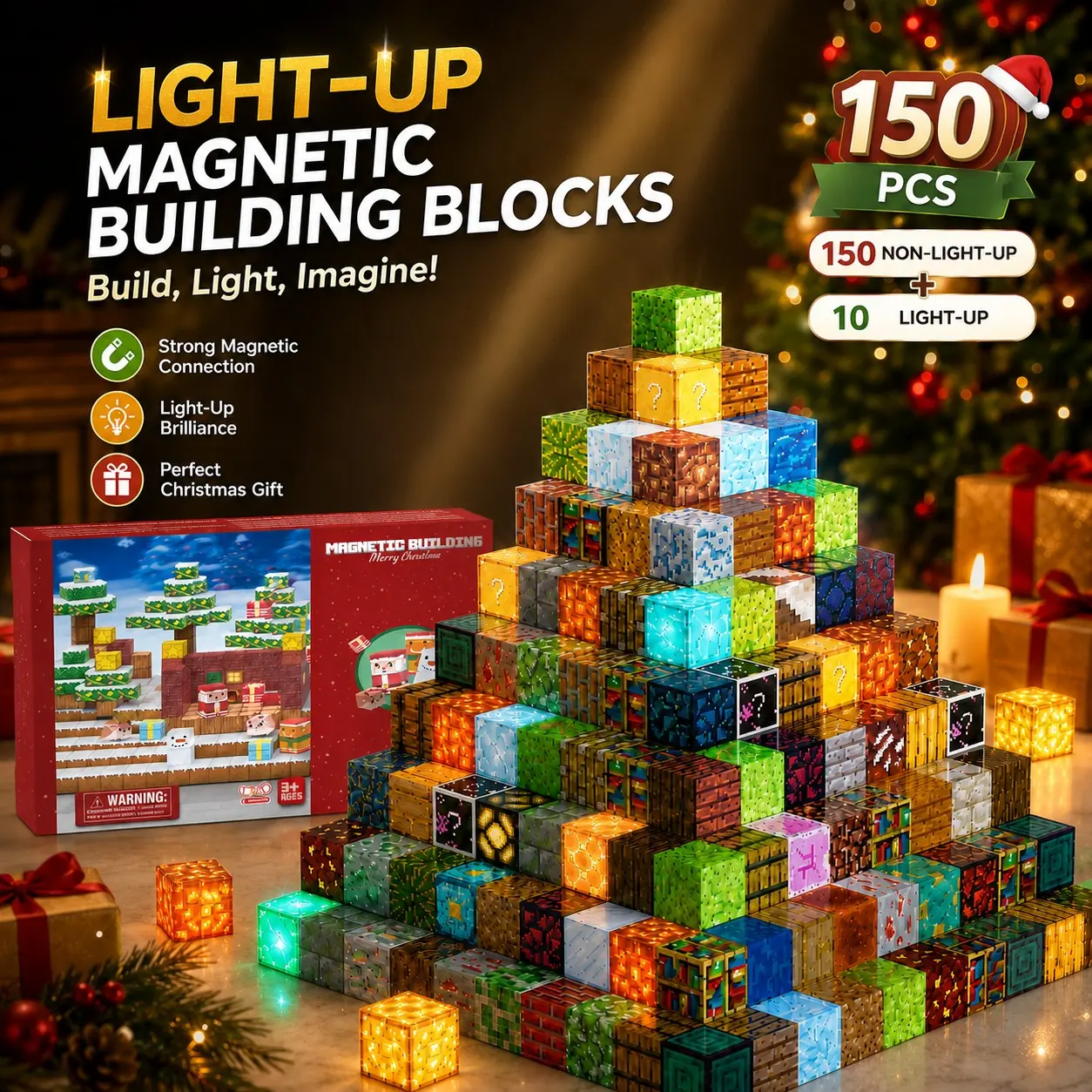 Glow Magnetic Block Set, Christmas Snowman Gift Box, LED Light Creative Building Blocks, DIY Stem Toy, Portable Storage Box