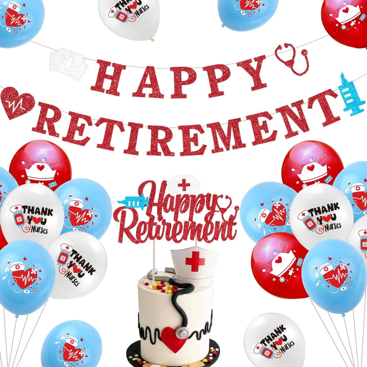 1Set Nurse Retirement Decorations Happy Retirement Banner Cake Topper Balloons Nurse Doctor Party Supplies