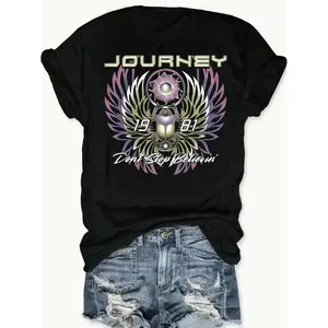 [ ] Women'S Retro Rock Band Graphic T-Shirt - Journey Never Stop Believin' Print, Short Sleeve, Crew Neck, Casual SpringSummer Top, Casual Wear    Band Design Tee    Graphic Print Te T-Shirt For Men And Women