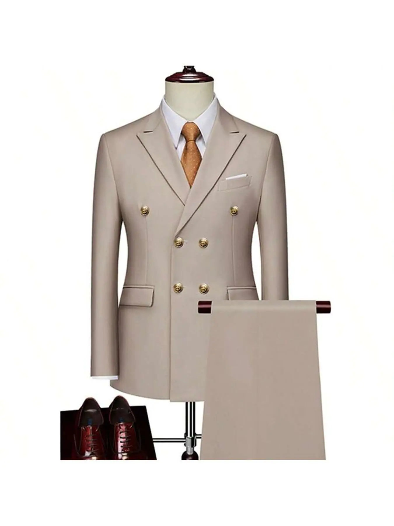 Fashion New Men's Business Double Breasted Solid Color Suit Coat+Trousers  Male Slim Wedding 2 Pieces Blazers Jacket Pants High quality Social contact Gown