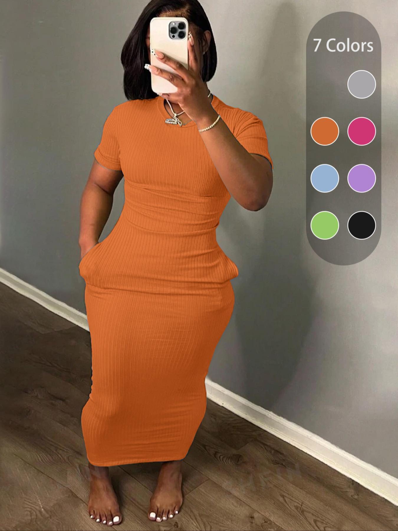 Plus Size Plain Pocket Round Neck Bodycon Fit Dress, Casual Short Sleeve Ribbed Long Dress for Summer, Women's Clothes for Daily Wear